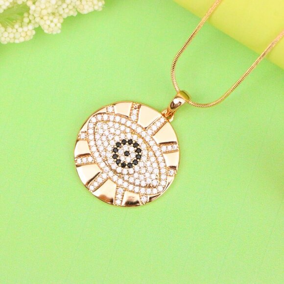"Round Evil Eye Rose Gold Pendant with CZ Crystals and Shine Finish, XPPT1519 - Picture 2 of 13